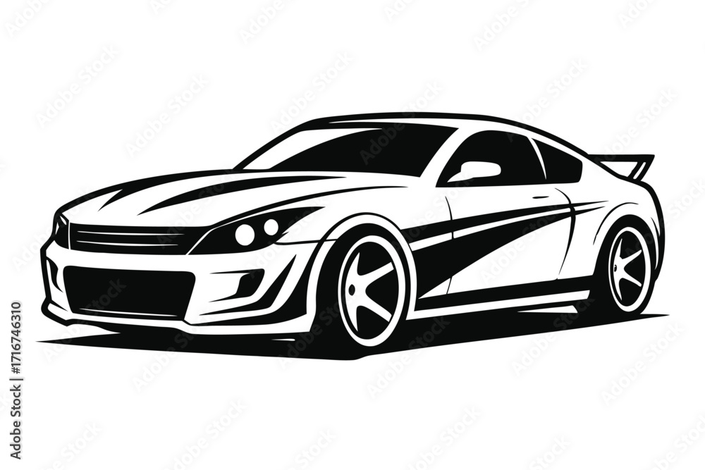 Fototapeta premium Sleek Black and White Illustration of a Modern Sport Coupe with Spoiler Detail