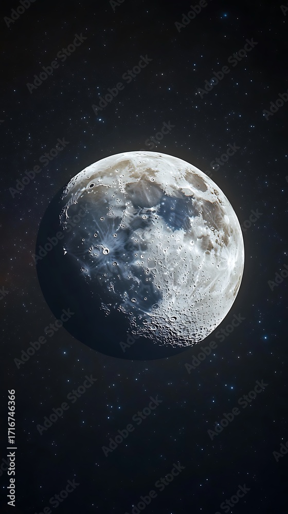 Obraz premium The moon illuminated against a starry night sky with visible craters lunar space photo