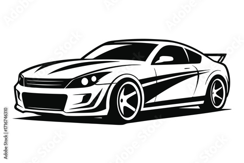 Sleek Black and White Illustration of a Modern Sport Coupe with Spoiler Detail