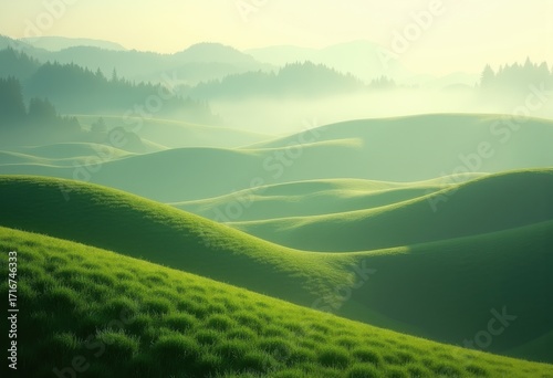 Enchanting Rolling Hills Shrouded in Misty Morning Fog Lush Green Landscape Serene Tranquil Nature