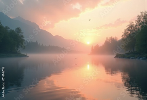 Serene Lake Reflections at Sunrise Tranquil Water Landscape Sunrise Glow Nature Peaceful Calm Beauty