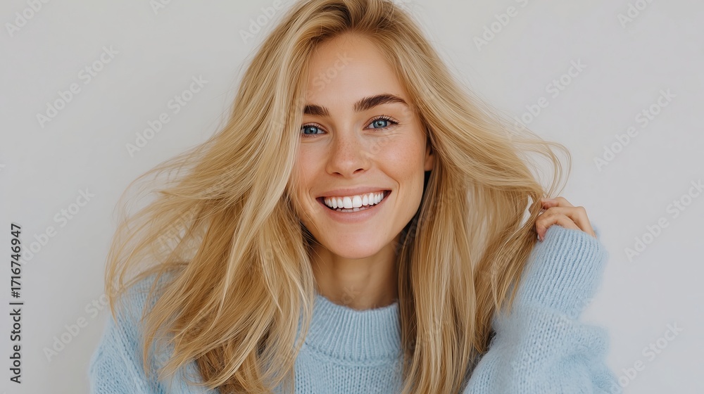 Obraz premium Smiling woman with flowing blonde hair wearing a cozy blue sweater, radiating joy and warmth, creating an inviting atmosphere with her expressive demeanor