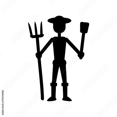Silhouette of a farmer with a pitchfork and shovel on white background