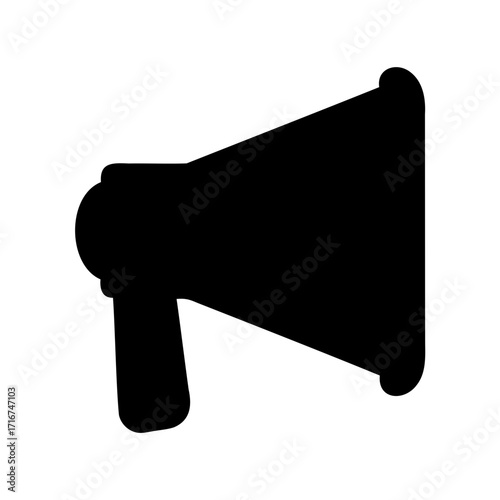 A bold silhouette of a megaphone, isolated on a clean white background