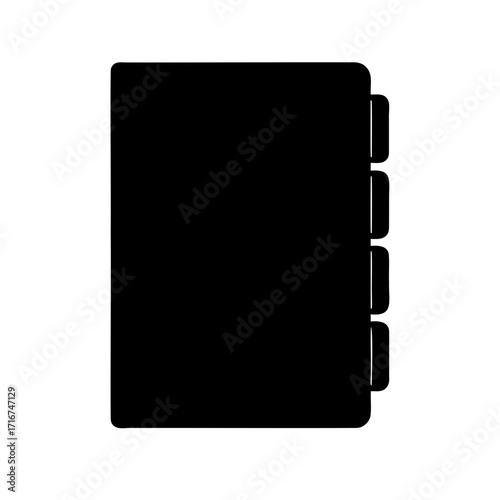 Black silhouette of a notebook or organizer with tabs on the side