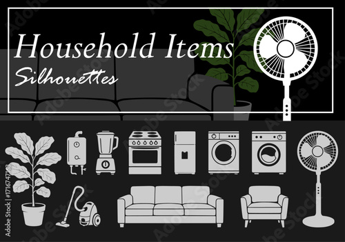 Household Items: Appliances and furniture. Artistic silhouettes of a washing machine, blender, boiler, sofa, vacuum cleaner, fan, etc.