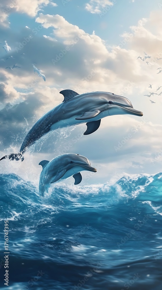 Fototapeta premium Two dolphins leaping from ocean waves under a cloudy sky with seagulls jumping photo