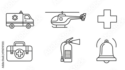 Emergency services icons symbolizing urgent response, safety, and immediate assistance, modern vector graphics for healthcare, fire safety, and security visuals