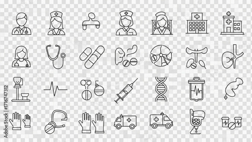 Essential Healthcare Icons for Medical Professionals and Hospitals, Outlined for Clarity, Perfect for Medical Presentations and Health Campaigns, Modern and Clean