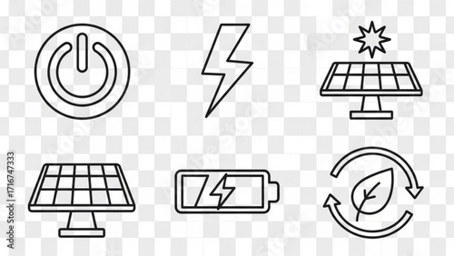 Sustainable energy icons showing power, lightning, solar panels, battery charging, and recycling leaf promoting clean energy solutions for a greener future