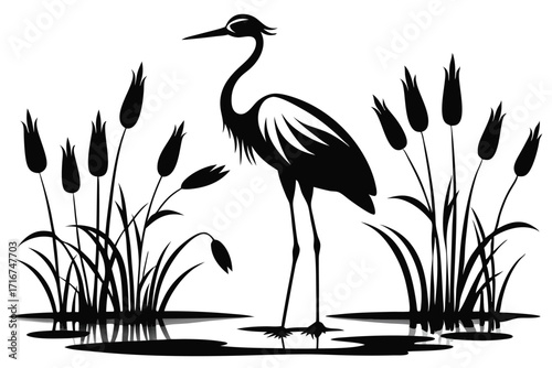 Elegant Heron Silhouette Standing Among Cattails in Water Serene Wildlife Scene Depiction