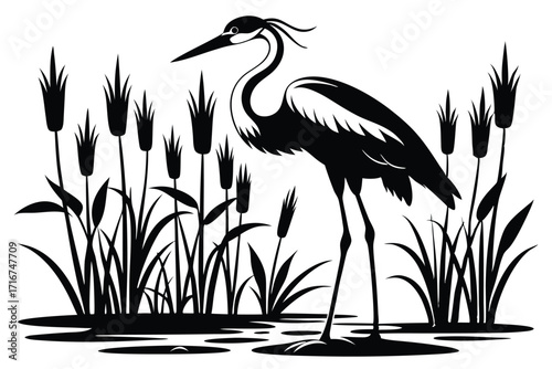 Elegant Black Silhouette of a Heron Amidst Cattails in Watery Marsh Scene