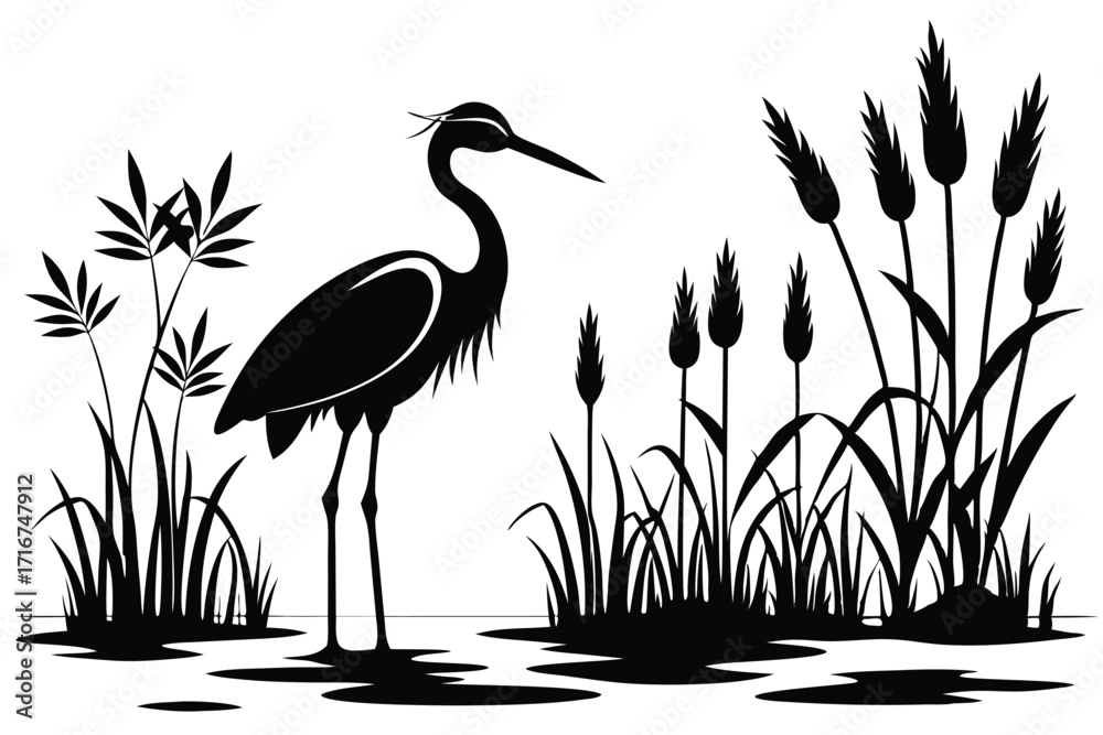 Fototapeta premium Silhouette of a heron wading amongst reeds and grasses in a tranquil waterscape
