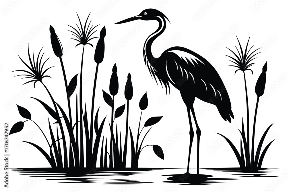 Fototapeta premium Silhouette of Great Blue Heron Amidst Cattails and Papyrus Plants near the Water