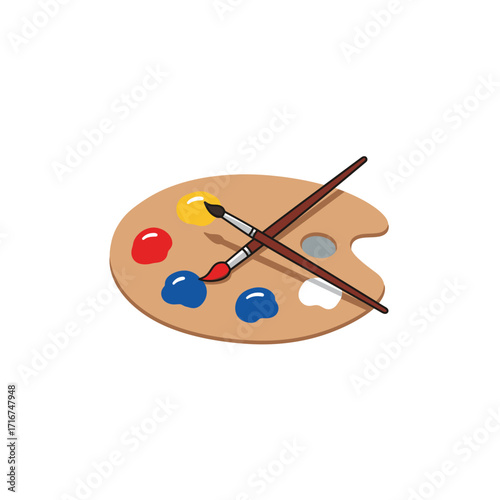 Illustrative artist palette showcasing vibrant primary colors alongside two classic paintbrushes ready for creative work