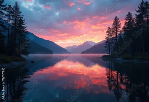 Serene Lakeside Twilight Reflection Landscape with Silhouetted Trees and Colorful Sky