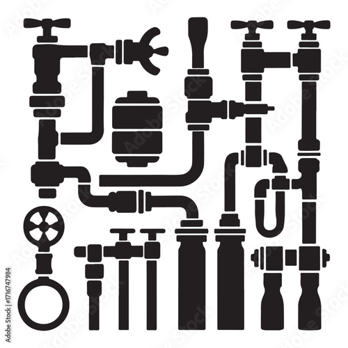 Industrial Pipe and Valve Silhouette Vector Set, Plumbing, Engineering, Water Supply Equipment Icons