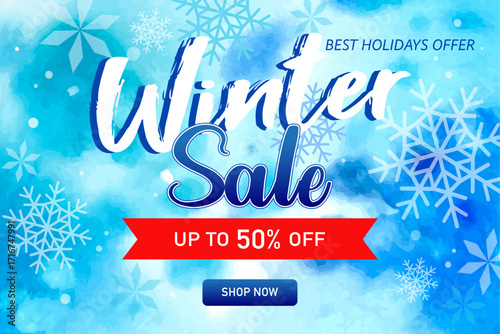 Christmas and new year  sale horizontal banner, poster, card, winter season, December event, discount, promotion, offer, store, hand drawn watercolour background, advertisement, vector illustration