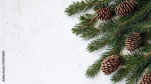 White Wood Background with Pine Branches and Pinecones Christmas Composition, Holiday Decor Christmas,Winter