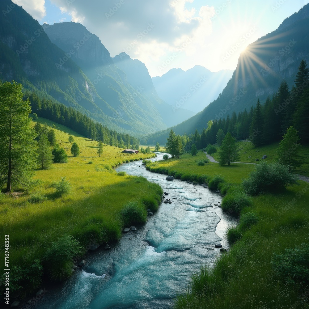Obraz premium Serene River Flowing Through Lush Vibrant Valley Surrounded by Majestic Mountains and Thick Forests