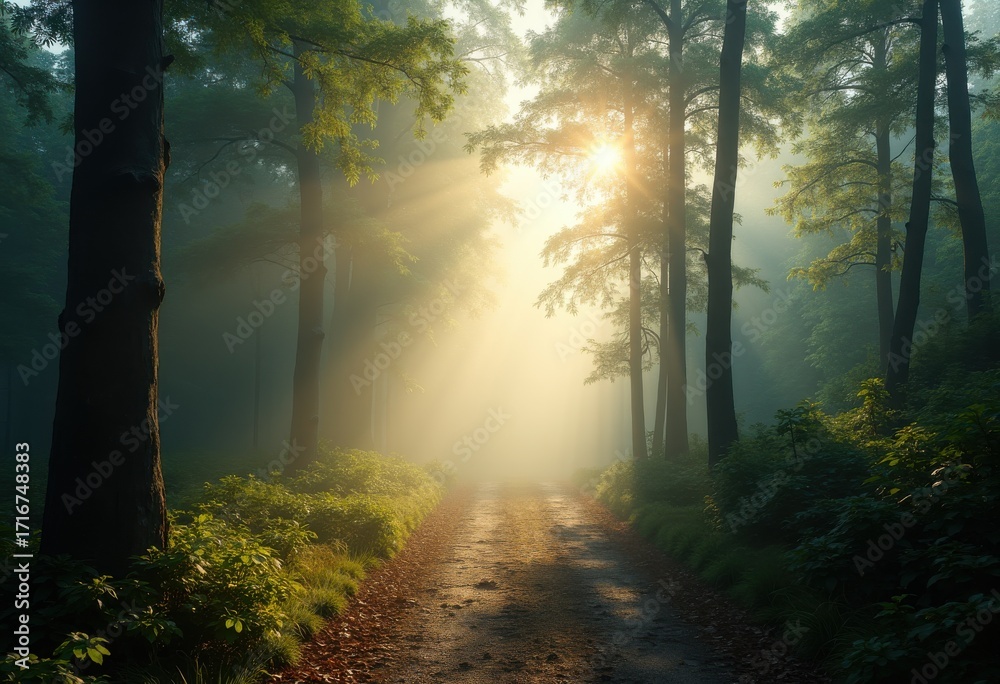 Naklejka premium Foggy Forest Sunbeams Enchantment Ethereal Light Sun Rays Mystical Wilderness Serenity Atmosphere