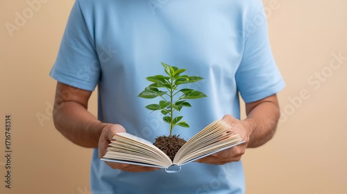 Human resource management concept featuring open book with green plant growing from pages symbolizing growth and development person resource