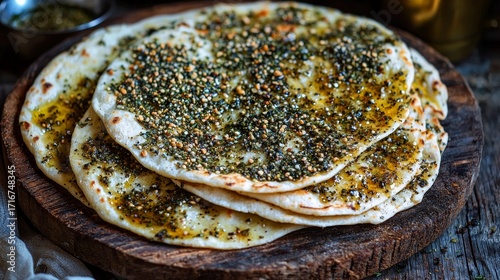 Za'atar Flatbread Stacked, Close-up, Middle Eastern Cuisine, Recipe, Food Photography Za'atar, Flatbread
