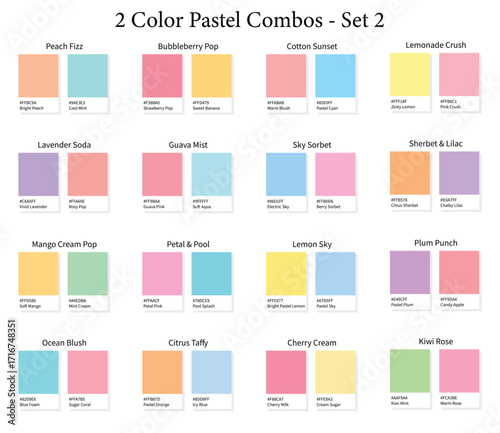 Pastel 2 Color Combinations Palettes Set 2 - 16 Combos 3d Bright Pastels Tones - with HEX Codes and Names, Colour Palette, Schemes