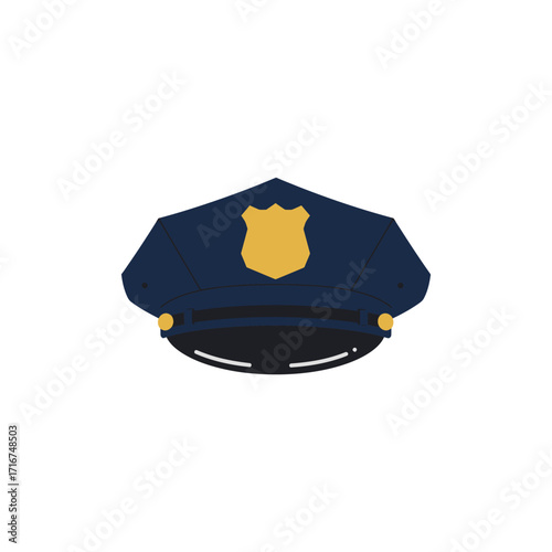 Official dark blue police officer's cap with a prominent gold shield badge, symbolizing authority and law enforcement, a classic uniform accessory.