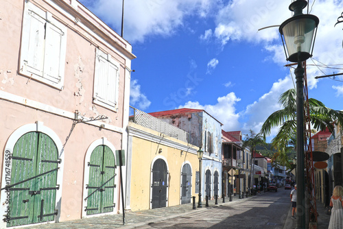 Colorful Buildings. Street at Saint Thomas. US Virgin Islands in the Caribbean. Sunny Blue sky day
