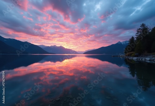 Serene Twilight Lakeside Reflection in Calm Waters Under a Colorful Sky