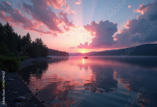 Serene Twilight Lakeside Reflections with Vibrant Colors and Calm Waters in Nature's Embrace