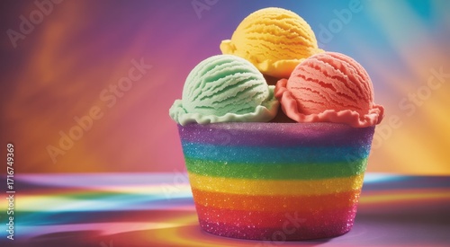 Colorful Ice Cream Treat: A vibrant array of three scoops of ice cream, in an assortment of refreshing colors, sits in a rainbow-themed cup, making the scene inviting. 