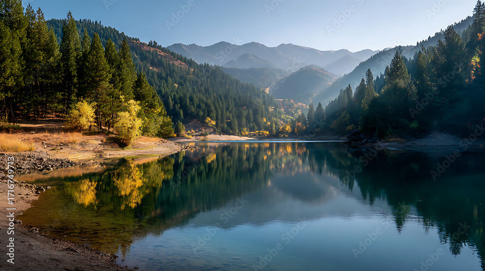 Fototapeta premium Tranquil lake reflecting mountains and forest in the morning light