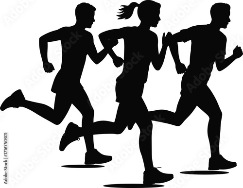 Group of people running silhouettes, including a woman and two men, symbolizing fitness, exercise, and a healthy lifestyle, a flat vector illustration