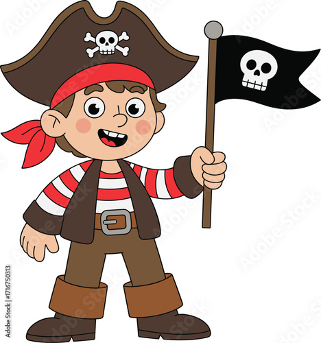 Cute boy pirate character holding a Jolly Roger flag, dressed in a classic costume, a flat vector illustration