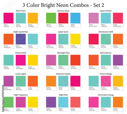 Bright Neon 3 Color Combinations Palettes Set 1 - 15 Combos 3d Electric Fluorescent Tones - with HEX Codes and Names, Colour Palette, Schemes