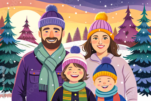 Vector illustration of a joyful family enjoying winter holidays on snow, featuring kids and parents playing together in a cheerful seasonal landscape filled with happiness.