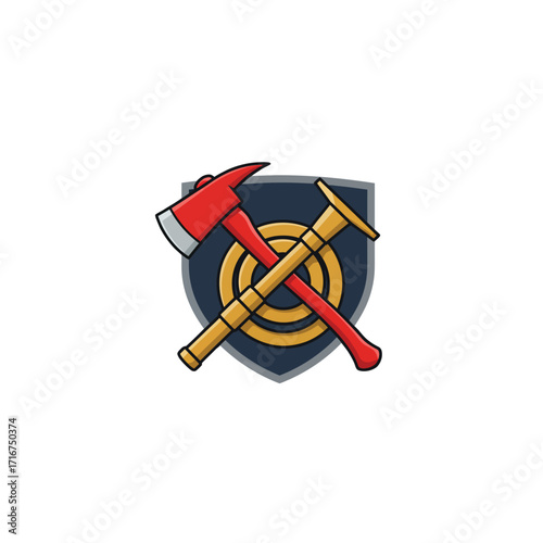 Professional Firefighter Emblem Design Showcasing a Crossed Fire Axe, Halligan Tool, and Coiled Hose on a Protective Shield