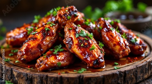 Delicious and flavorful barbecue chicken wings served on a rustic wooden board, garnished with fresh parsley