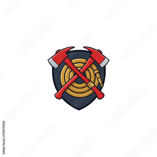 Professional firefighter emblem logo design featuring crossed rescue axes and coiled fire hose on a protective shield badge, ideal for safety.