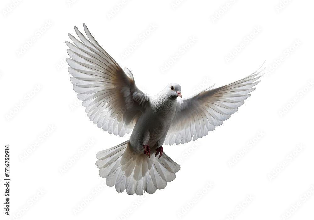 Fototapeta premium A transparent dove in dynamic mid-flight with wings spread, isolated against a stark black background with subtle rim lighting, photorealistic studio shot conveying peace and freedom concept of purity