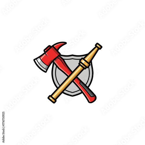 Iconic Firefighter Axe and Hose Nozzle crossed over a Protective Shield representing Emergency Services and Safety