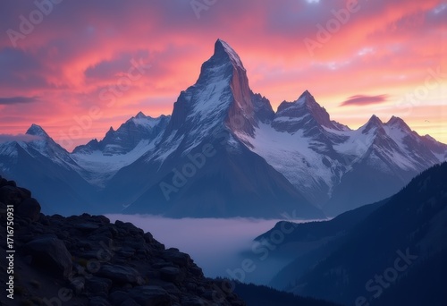 Majestic Mountain Peaks Silhouetted Against Twilight Sky Dramatic Colors Nature Landscape