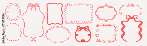 Wedding frame set with lace and pearls. Hand drawn oval and wavy vintage borders with bows and ribbons. Elegant retro vector decorations for invitations, greeting cards, postcards, and celebration des