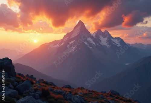 majestic mountain range under dramatic sunset sky fiery hues rich textures, nature, wilderness, landscape, peak, clouds, vista, scenery, reflection