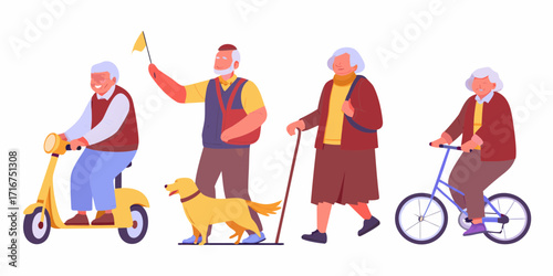 Diverse group of active seniors enjoying outdoor activities with mobility aids and a dog