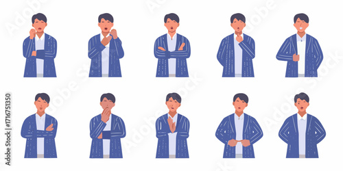 Collection of a young man s different facial expressions and gestures in a blue suit