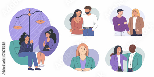 Diverse group of people in various relationships and professional settings depicted in a modern illustration style