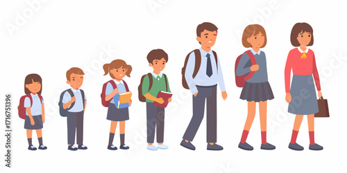 Diverse group of students of different ages and genders walking in a line with backpacks and books
